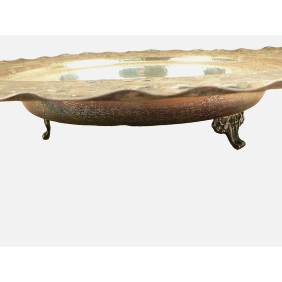 Round Serving Tray Silver Plated Footed Hammered Texture Finish 2 Recessed Areas - Picture 2 of 10